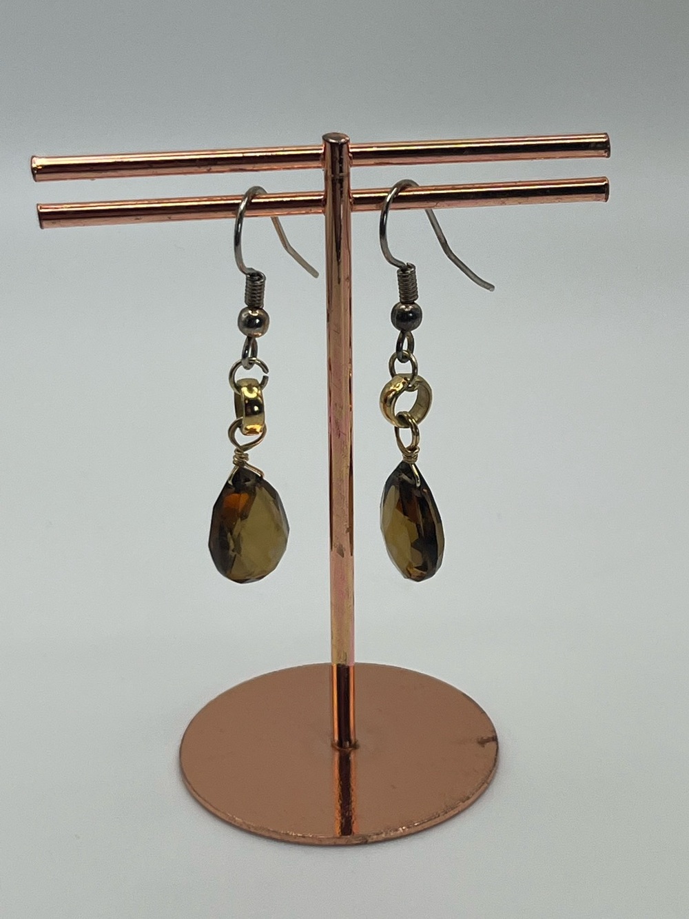 Gold-Tone Smoky Brown Glass Teardrop Dangle Earrings